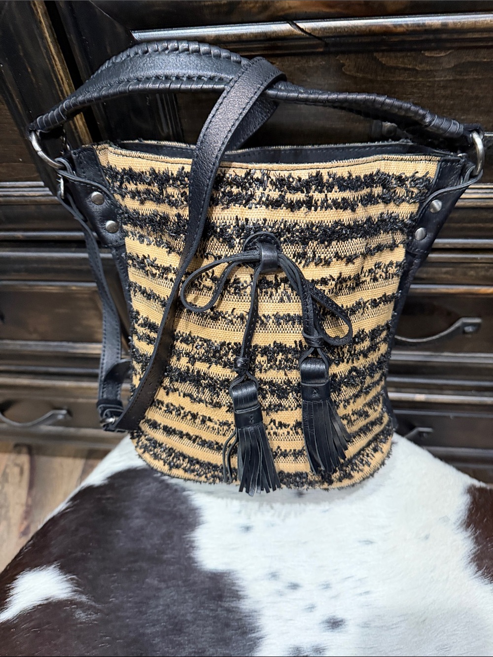 Patricia Nash Black and Tan Woven Tassel Bucket Bag
